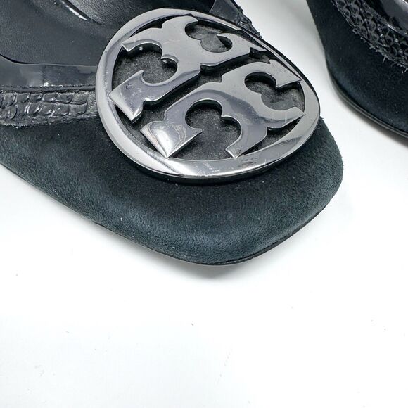 Tory Burch Frannie Reva Pumps 8.5 Black Suede Croc Trim Silver Logo Block Heels - Picture 11 of 14